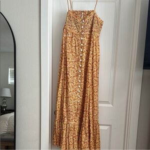 Free People Floral Yellow Orange Midi Maxi Button Dress, small